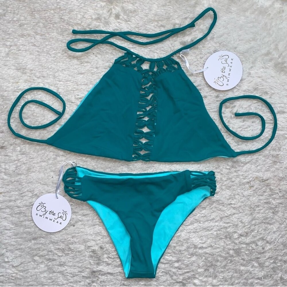 NWT By The Sea Swimwear Bikini Set Green Teal Halter Swimsuit NEW Rare Small
